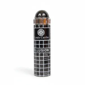 A cylindrical bottle with a white label featuring the Louis Cardin logo and the product name 'Illusion Perfumed Deodorant Spray' in blue text. The bottle has a silver spray nozzle on top.