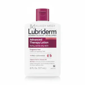 A white bottle of Lubriderm Moisturizing Lotion with a blue label. The bottle has a pump dispenser on top.