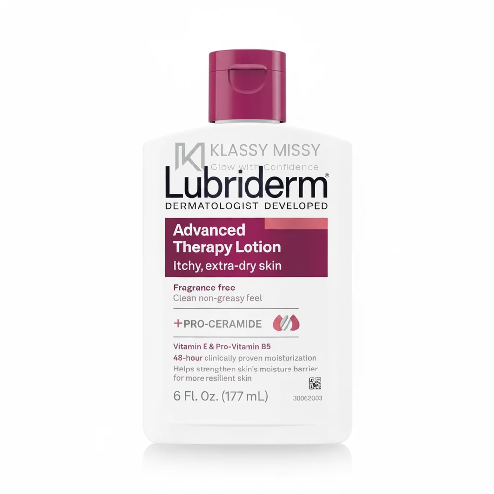 A white bottle of Lubriderm Moisturizing Lotion with a blue label. The bottle has a pump dispenser on top.