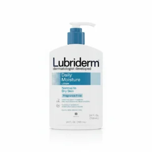 A white bottle with the Lubriderm logo and label, containing a moisturizing lotion formula.