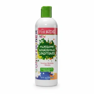 A pink bottle of Luster's Pink Kids Awesome Nourishing Conditioner with a white label and cap.