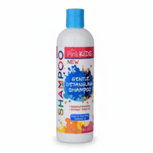 A pink bottle of Luster's Pink Kids Gentle Detangling Shampoo with a white label and cap