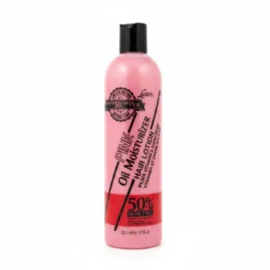 A pink and white bottle of Luster's Pink Oil Moisturizer Hair Lotion. The label features the Luster's brand name and product name.
