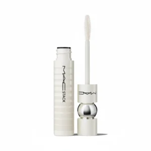 Black tube of MAC Extreme Dimension 3D Black Lash Mascara with white text and logo. The mascara wand is visible through the clear top.