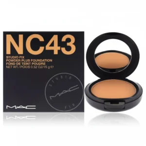 A round compact with the MAC logo, containing a powder foundation in shades NC41, 43, 42, and 43.5