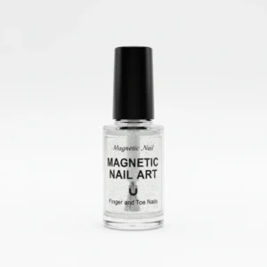 Bottle of magnetic nail gel polish in a deep blue-green color, with a magnetic tool for creating the cat-eye effect