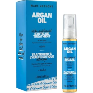 A glass bottle with a gold cap, containing a clear golden-colored Argan oil. The label has the Marc Anthony logo and 'Argan Oil' text.