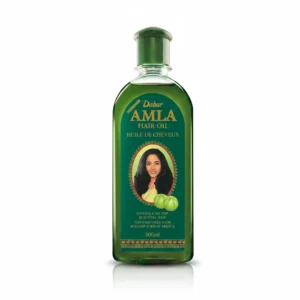 A bottle of Dabur Amla Nourishing Hair Oil with a green and yellow label. The bottle contains 300ml of the herbal hair oil formula.