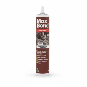 A clear glass bottle of Maxbon nail glue with a black cap. The label has the Maxbon logo and product name in white text against a red background.
