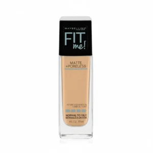 A glass bottle of Maybelline New York Fit Me Matte Foundation in a nude shade, with a black cap and label
