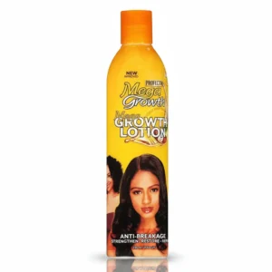 A bottle of Mega Growth Hair Lotion with a white label and green accents. The bottle contains 236ml of product.