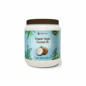 A clear glass bottle filled with translucent, pale yellow coconut oil. The label has the Member's Mark logo and text indicating it is a 1.6 L bottle of pure, unrefined coconut oil.