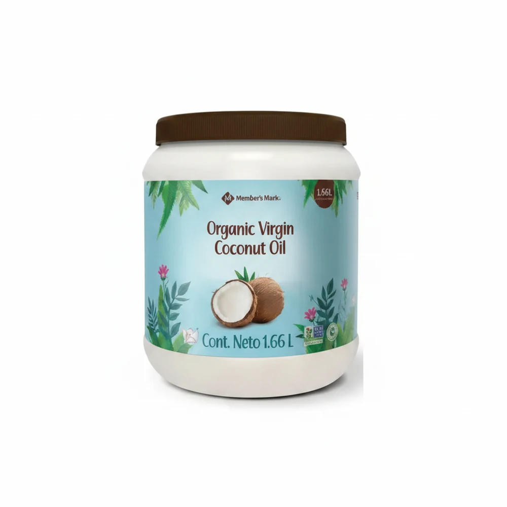 A clear glass bottle filled with translucent, pale yellow coconut oil. The label has the Member's Mark logo and text indicating it is a 1.6 L bottle of pure, unrefined coconut oil.