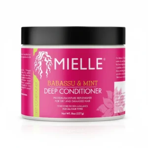 A 227g jar of Mielle Babassu & Mint Deep Conditioner with a green and white label