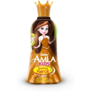 A bottle of Dabur Amla Kids Hair Oil with a green and white label. The bottle contains 200ml of the nourishing hair oil formula.