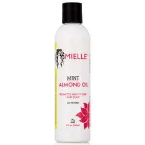 A round glass bottle with a green and white label. The label says 'Mielle Mint Almond Oil' and shows the product size as 240 ml.