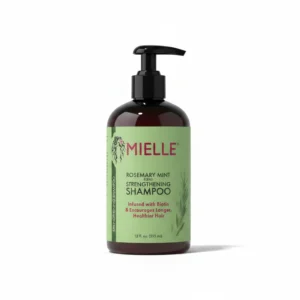 A bottle of Mielle Rosemary Mint Strengthening Shampoo & Conditioner. The bottle has a green and white label with the Mielle logo and product name.