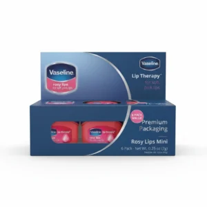 A small, round tin of Vaseline Mini Lip Therapy Balm in a white and blue label