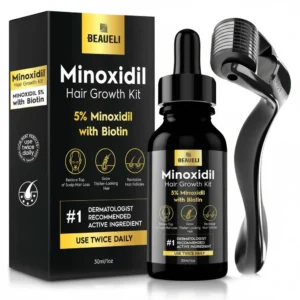 A bottle of Minoxidil Hair Grow Topical Solution 2% with a red and white label. The bottle contains a clear liquid.