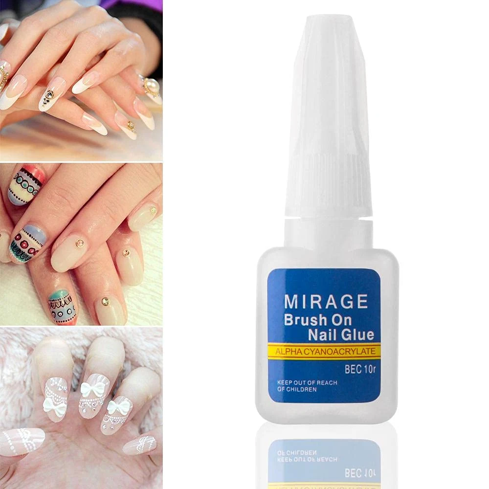 A clear glass bottle of Mirage Nail Glue with a black cap and a built-in brush applicator. The label on the bottle has the Mirage brand name and product description.