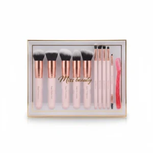A set of 4 pink makeup brushes, 2 eye shadow applicators, a blush brush, and a blending brush. The brushes have short, compact handles and soft, synthetic bristles.