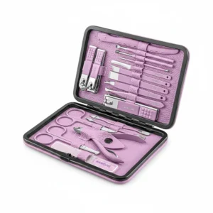 A set of professional-grade nail care tools including clippers, files, buffers, and more in a sleek black and gold carrying case