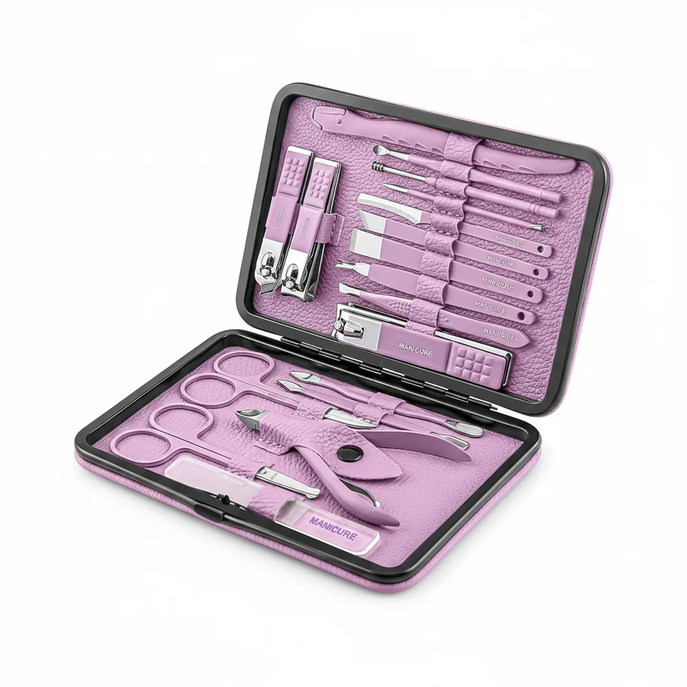 A set of professional-grade nail care tools including clippers, files, buffers, and more in a sleek black and gold carrying case