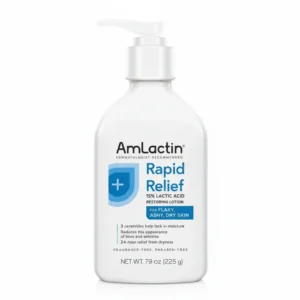 A bottle of AmLactin Daily Nourish Therapeutic Body Lotion with a white and blue label