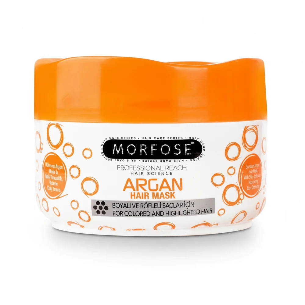 A 500ml bottle of Morfose Intensive Repair Hair Mask with a white label and green accents