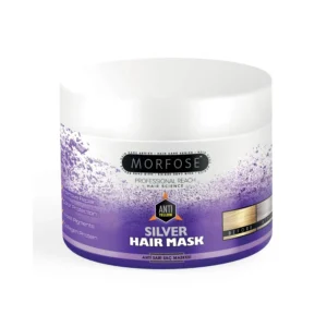A 500ml bottle of Morfose Silver Hair Mask. The bottle has a silver and purple label with the Morfose logo.