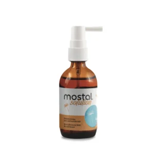 A 50ml bottle of Mostal Solution hair growth treatment. The bottle has a white label with the Mostal brand name and 'Hair Grow' text.