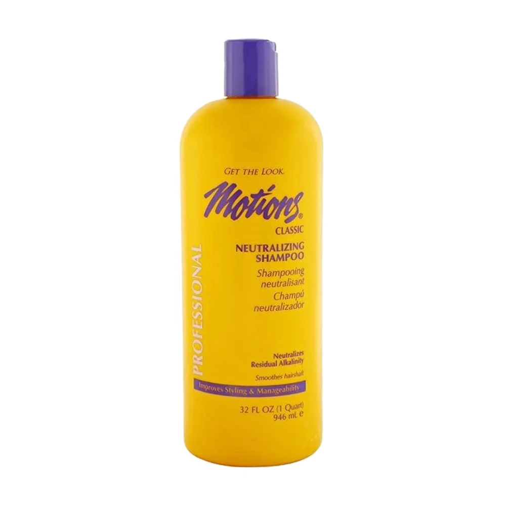 A bottle of Motions Active Moisture Neutralizing Shampoo & Conditioner in a white and blue color scheme. The label displays the Motions brand name and product name.