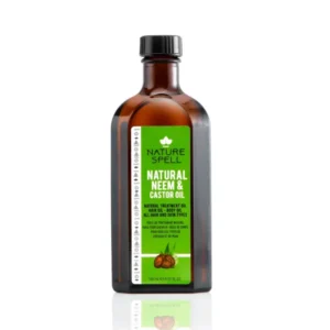 A bottle of Nature Spell's Neem, Castor, and Coconut Oil Blend. The bottle has a green and white label with the brand name and product description.