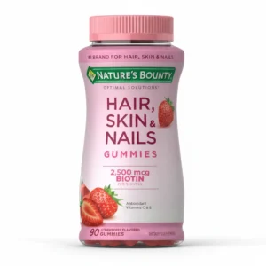 A tin of Nature's Bounty Hair, Skin & Nail 90 gummies. The tin is white with the Nature's Bounty logo and product name printed on the label.