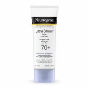 A white bottle with blue accents labeled 'Neutrogena Hydro Boost Sunscreen SPF 70+'. The bottle has a pump dispenser and displays the SPF rating.