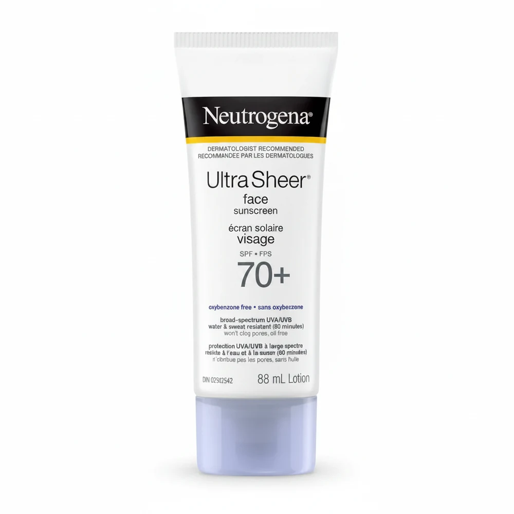 A white bottle with blue accents labeled 'Neutrogena Hydro Boost Sunscreen SPF 70+'. The bottle has a pump dispenser and displays the SPF rating.