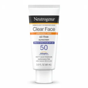 A bottle of Neutrogena Clear Face Oil-Free Sunscreen Lotion in a white and blue packaging. The label clearly displays the SPF 50 protection.