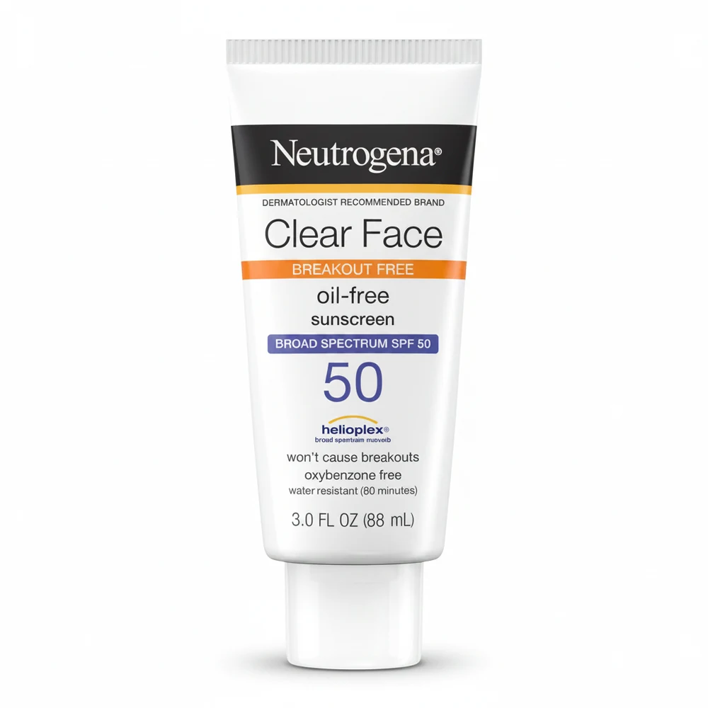 A bottle of Neutrogena Clear Face Oil-Free Sunscreen Lotion in a white and blue packaging. The label clearly displays the SPF 50 protection.