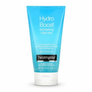 A white and blue bottle of Neutrogena Hydro Boost Exfoliating Cleanser. The label displays the Neutrogena logo and product name.