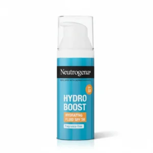 A white bottle with the Neutrogena logo and the product name 'Hydro Boost SPF 50 Sunscreen Moisturizer' printed on the label. The bottle has a blue cap.