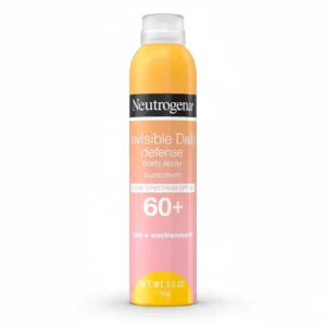 A bottle of Neutrogena Invisible Daily Defense Sunscreen SPF 60+ with a white label and blue cap. The bottle has a transparent, water-based formula inside.