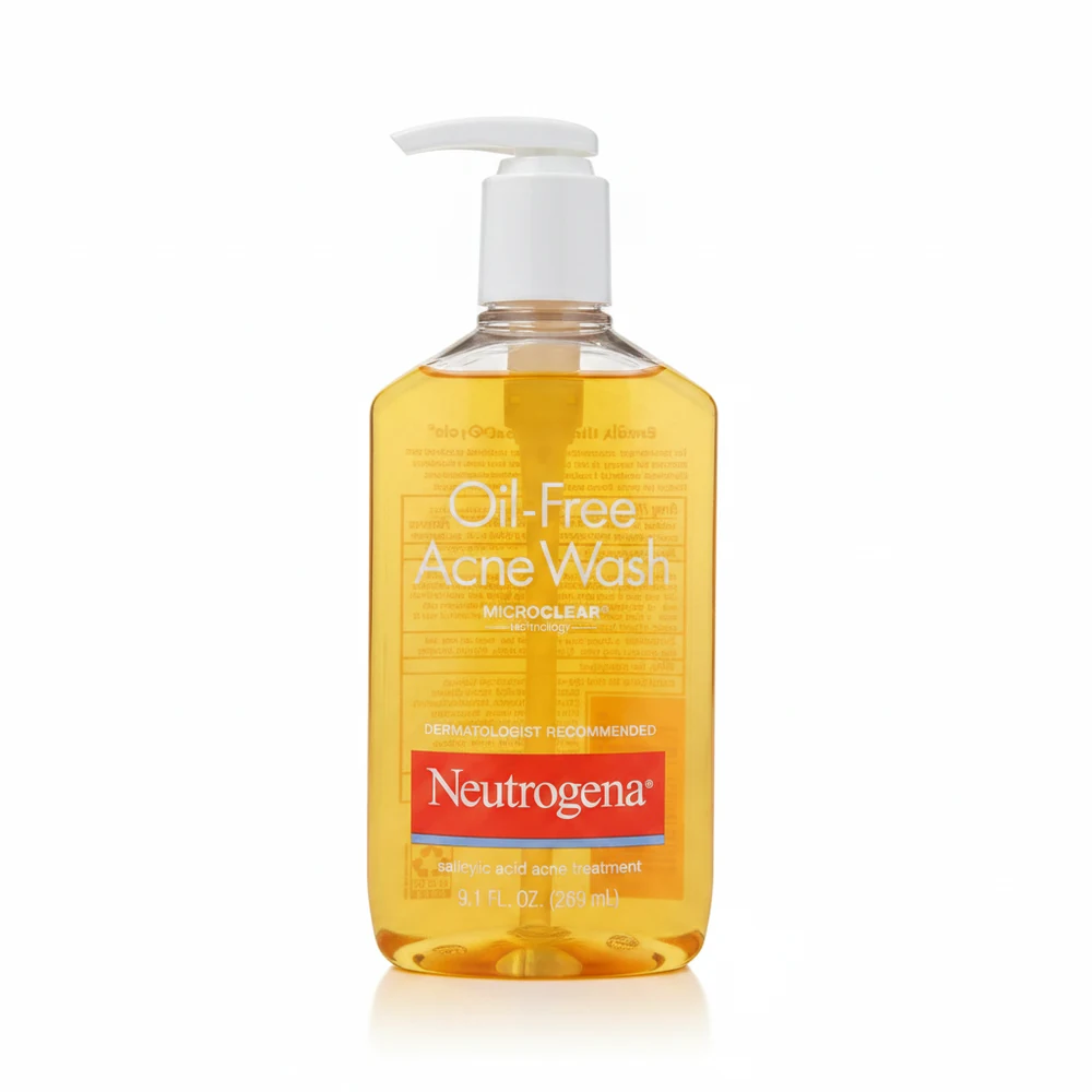 A white bottle with the Neutrogena logo and the product name 'Oil Free Acne Wash' printed on the label. The bottle contains 269ml of the acne-fighting cleanser.
