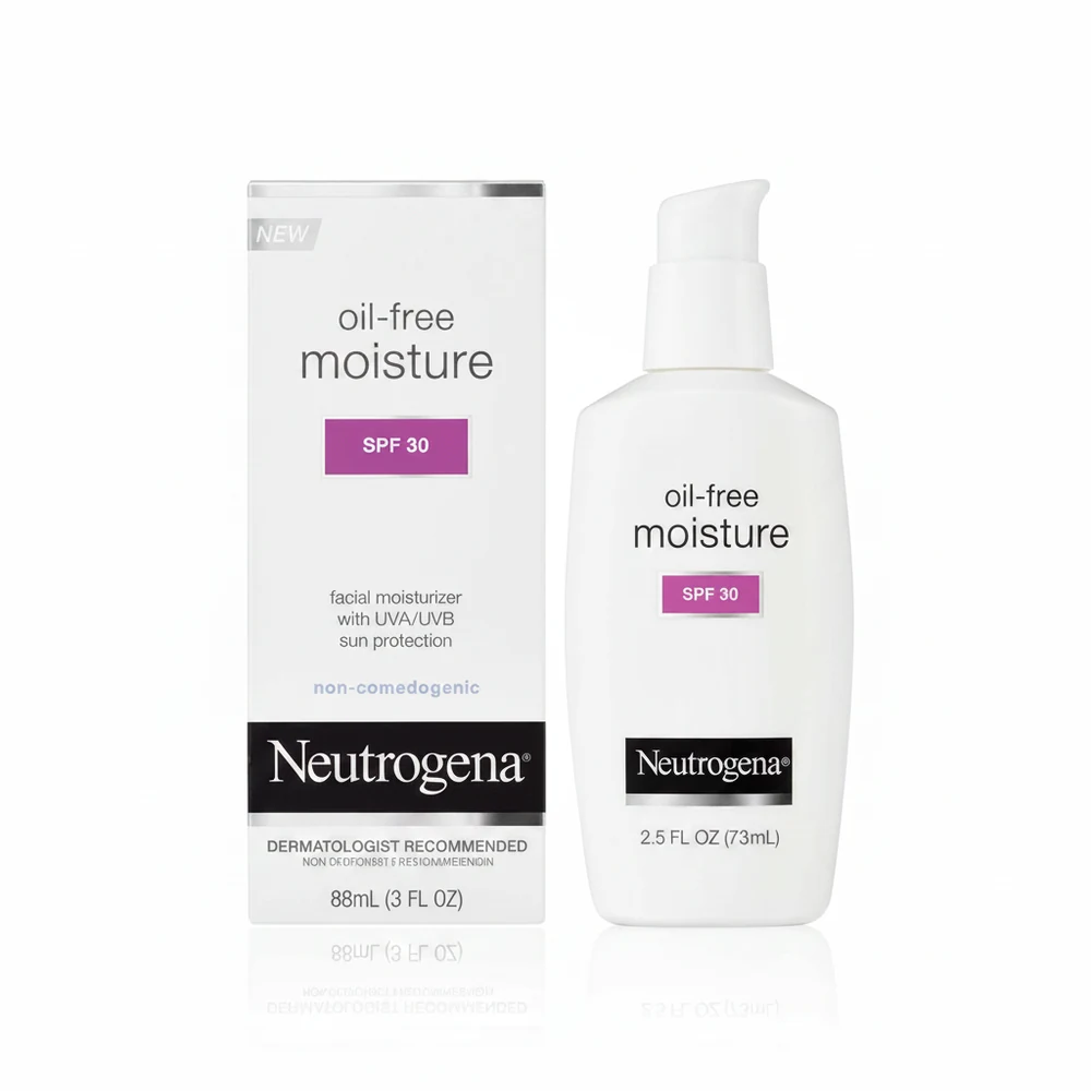 A bottle of Neutrogena Oil-Free Sunscreen Lotion with a white label and blue cap. The bottle contains 88ml of product.