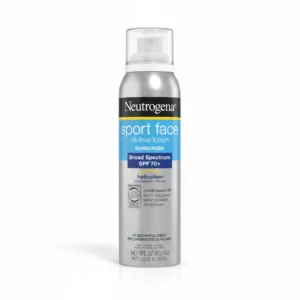 A can of Neutrogena Ultra Sheer Body Mist Sunscreen Spray in white and blue packaging with the SPF 70 label clearly visible