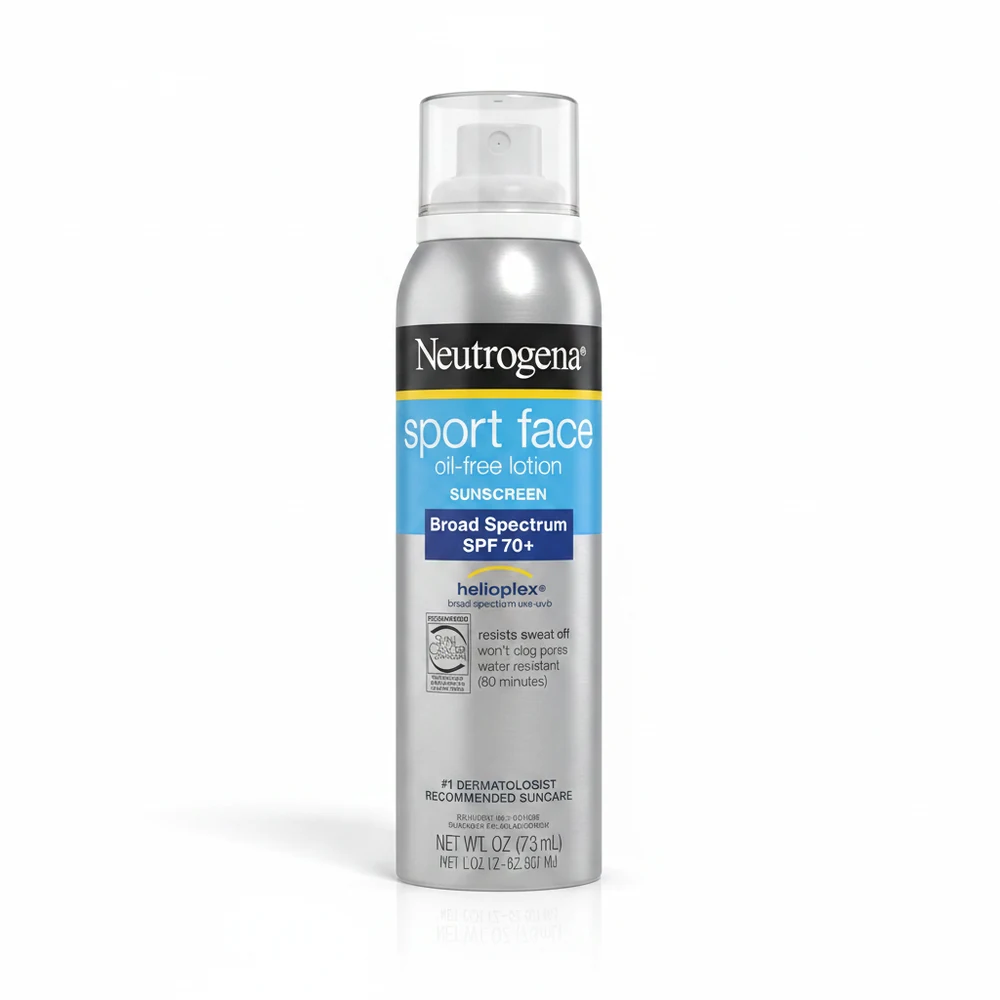 A can of Neutrogena Ultra Sheer Body Mist Sunscreen Spray in white and blue packaging with the SPF 70 label clearly visible
