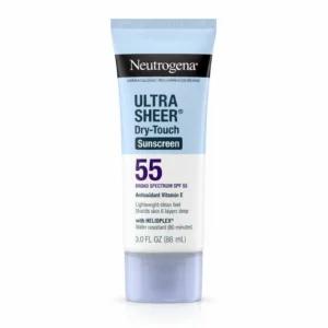 A bottle of Neutrogena Ultra Dry-Touch Sunscreen SPF 55 in white and blue packaging