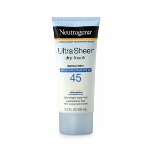 A white bottle of Neutrogena Ultra Sheer Dry Touch Sunscreen SPF45 with a blue label. The bottle has a pump dispenser on top.
