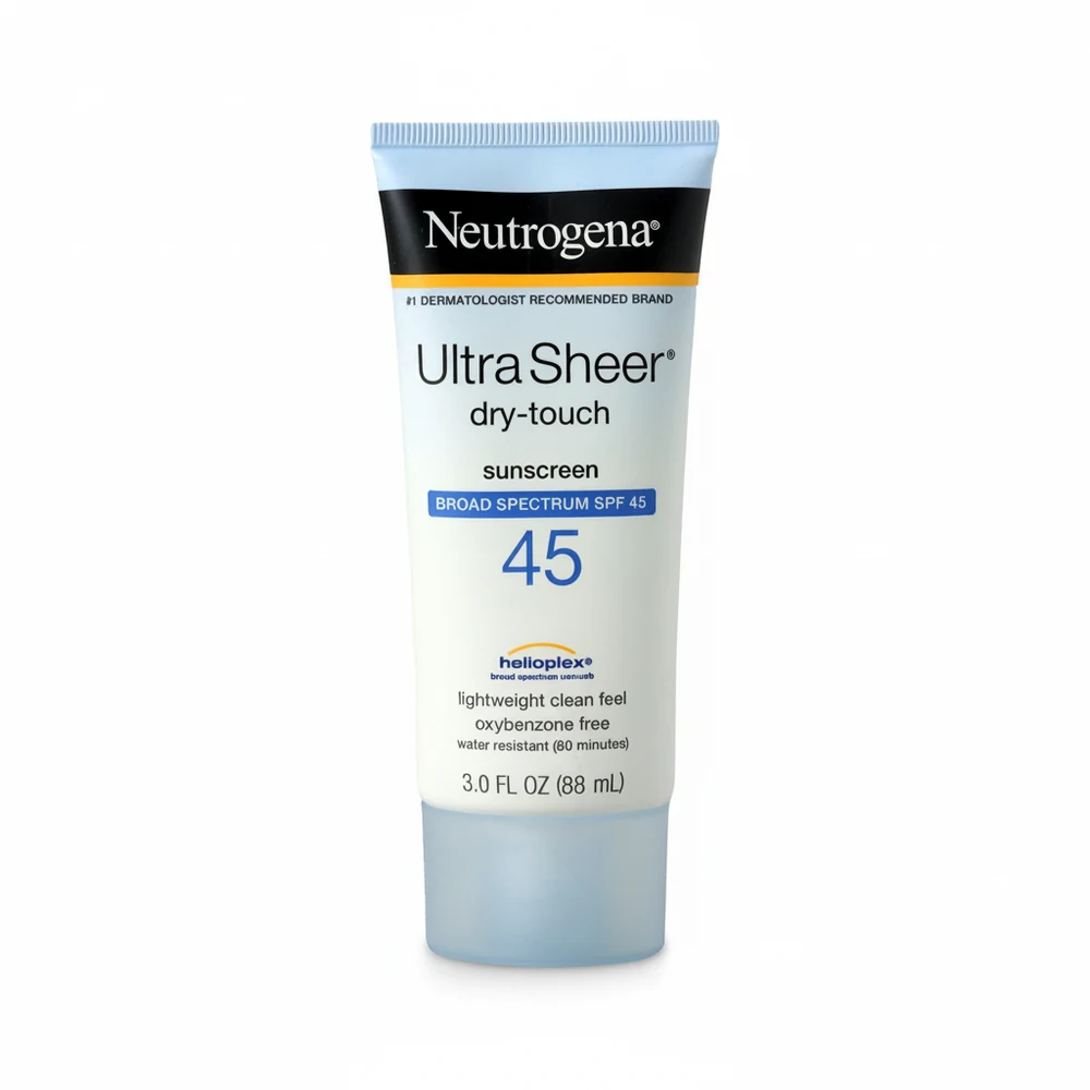 A white bottle of Neutrogena Ultra Sheer Dry Touch Sunscreen SPF45 with a blue label. The bottle has a pump dispenser on top.
