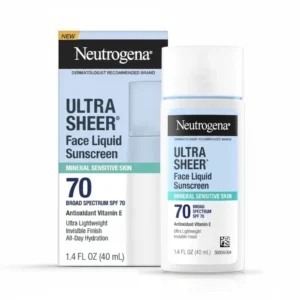 A bottle of Neutrogena Ultra Sheer Dry Touch Sunscreen Lotion in SPF 70. The bottle is white with the Neutrogena logo and product name clearly visible on the label.