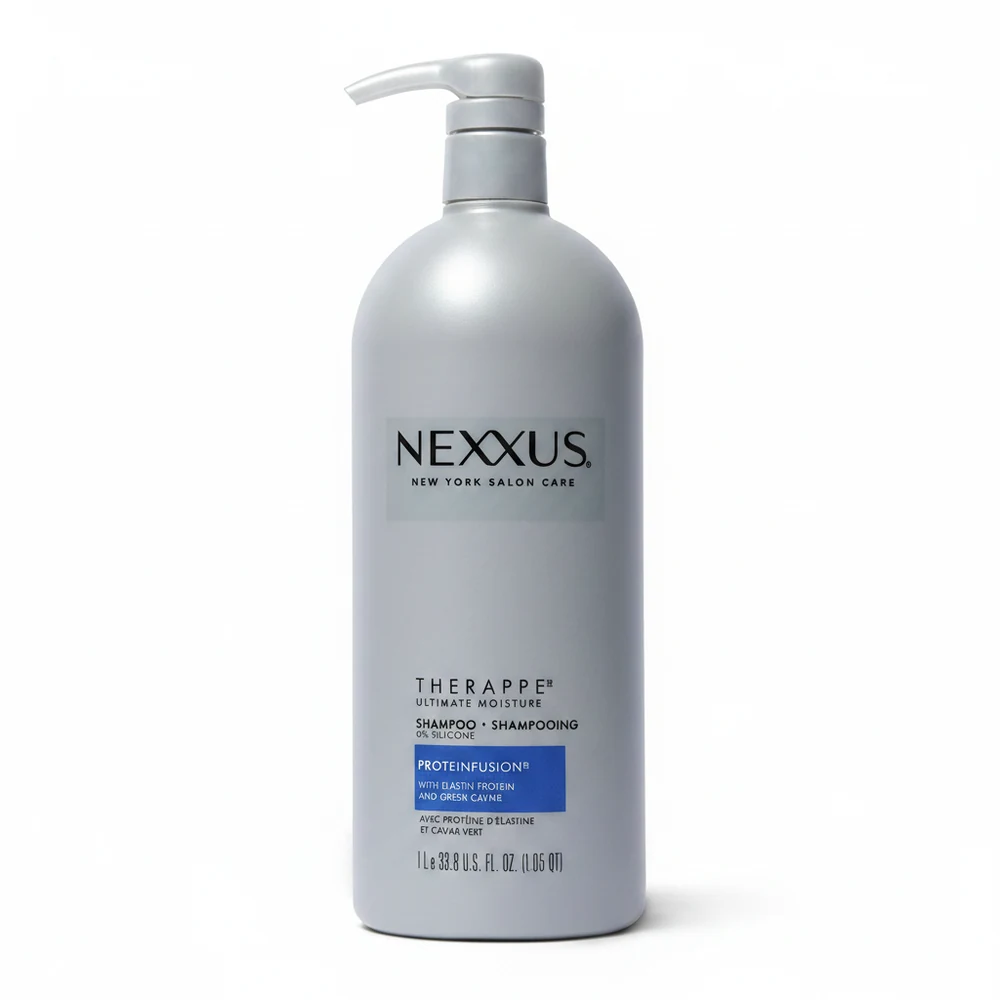 A 1L bottle of Nexxus Therappe Replenishing Shampoo & Conditioner. The bottle has a white and blue label with the Nexxus logo.